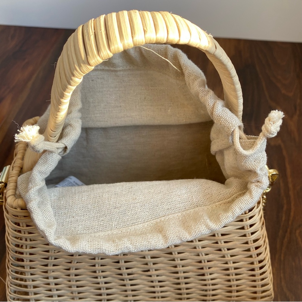 Zara Woven Raffia Straw Structured Handbag with Gold Chain Drawstring Linen - Picture 8 of 13